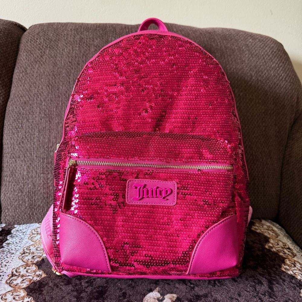 JUICY COUTURE Blank Hot Pink Sequin Canvas Top Handle Full Size Backpack NWT